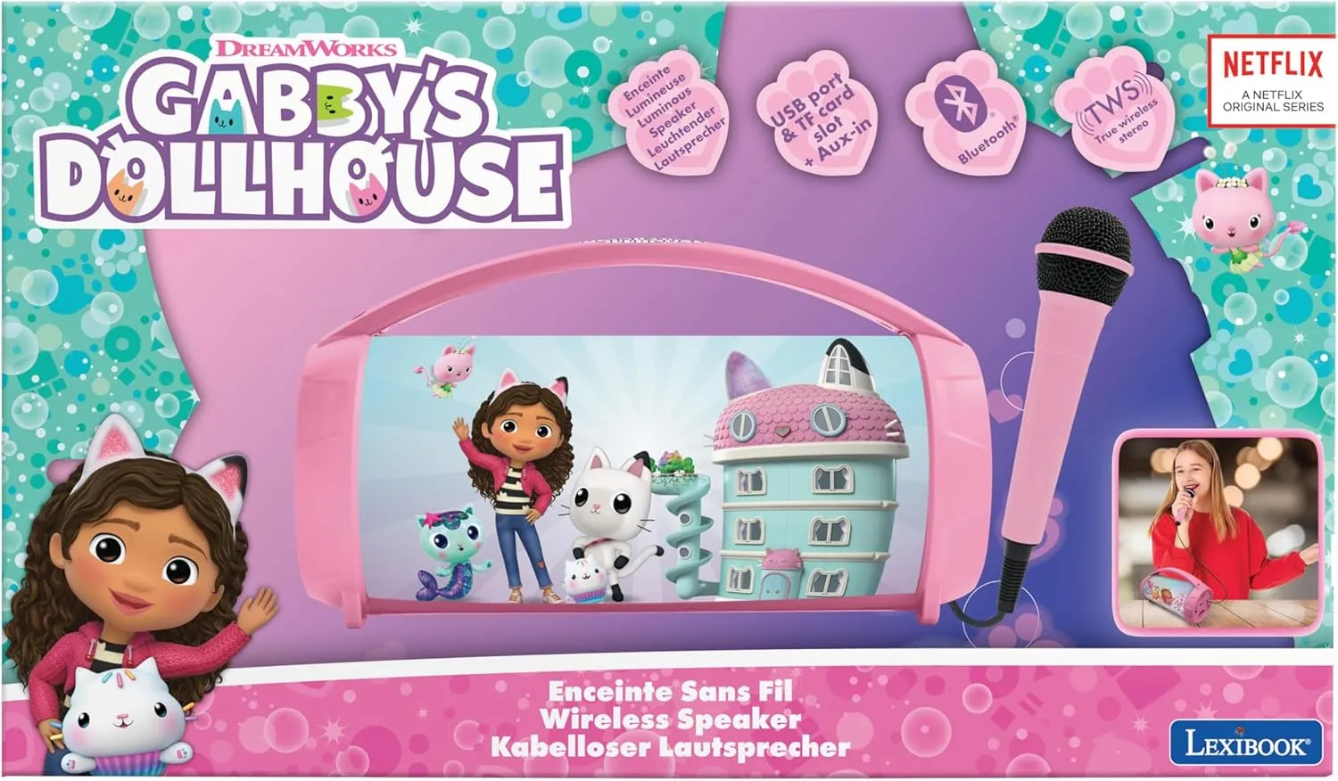 Lexibook, Gabby's Dollhouse, Wireless Light Speaker with Mic, Stereo Audio, Karaoke Function, USB and SD Card Ports, Rechargeable Battery, Handle to Take Everywhere, Pink, BTP585GDHZ