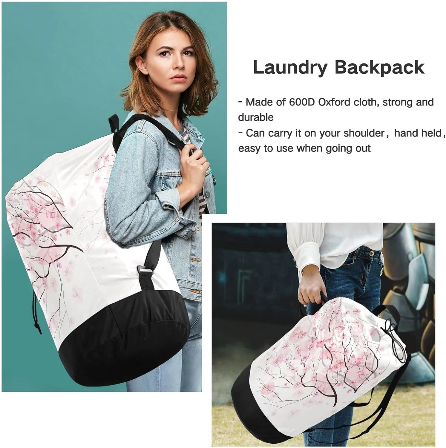 Light Pink Cherry Blossom Flowers Branch On White Backpack Laundry Bag, Laundry Backpack with Shoulder Straps, Waterproof Nylon Clothes Hamper Bag for Men Women Yoga Backpack