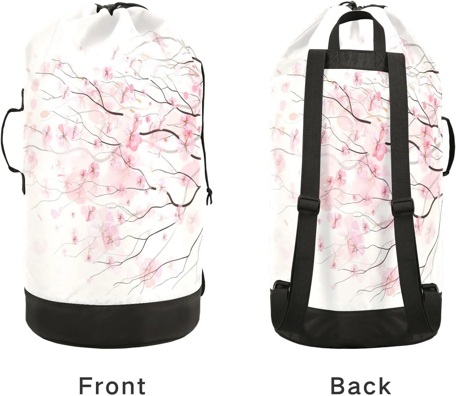 Light Pink Cherry Blossom Flowers Branch On White Backpack Laundry Bag, Laundry Backpack with Shoulder Straps, Waterproof Nylon Clothes Hamper Bag for Men Women Yoga Backpack