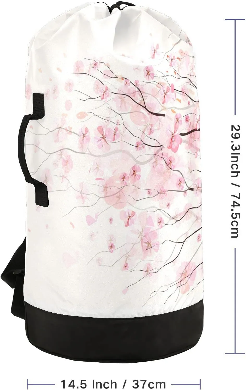 Light Pink Cherry Blossom Flowers Branch On White Backpack Laundry Bag, Laundry Backpack with Shoulder Straps, Waterproof Nylon Clothes Hamper Bag for Men Women Yoga Backpack