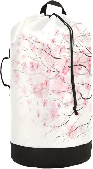 Light Pink Cherry Blossom Flowers Branch On White Backpack Laundry Bag, Laundry Backpack with Shoulder Straps, Waterproof Nylon Clothes Hamper Bag for Men Women Yoga Backpack