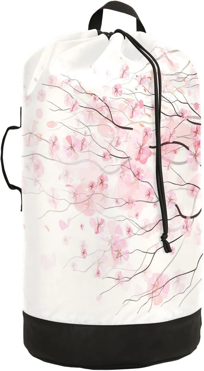 Light Pink Cherry Blossom Flowers Branch On White Backpack Laundry Bag, Laundry Backpack with Shoulder Straps, Waterproof Nylon Clothes Hamper Bag for Men Women Yoga Backpack