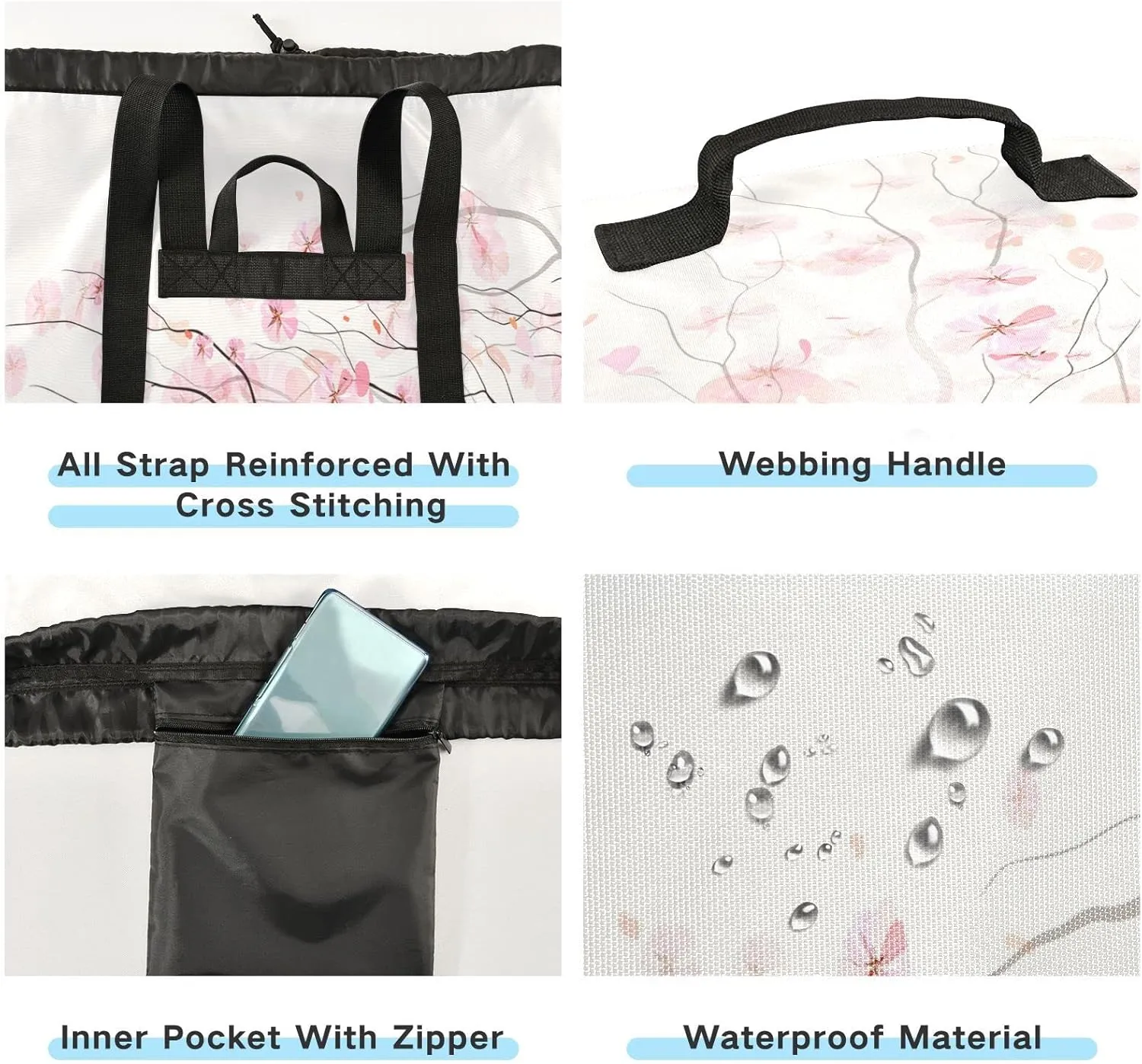 Light Pink Cherry Blossom Flowers Branch On White Backpack Laundry Bag, Laundry Backpack with Shoulder Straps, Waterproof Nylon Clothes Hamper Bag for Men Women Yoga Backpack