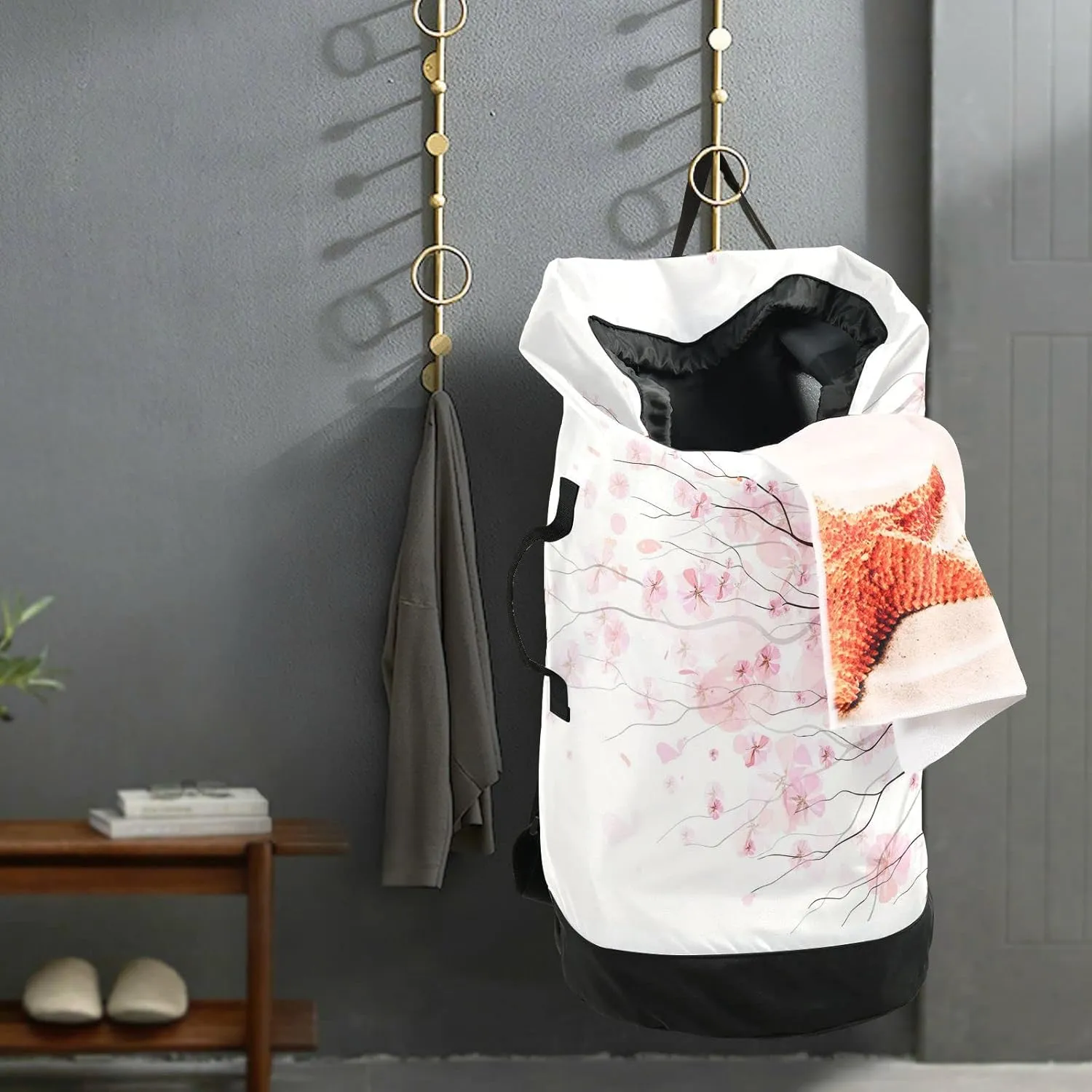 Light Pink Cherry Blossom Flowers Branch On White Backpack Laundry Bag, Laundry Backpack with Shoulder Straps, Waterproof Nylon Clothes Hamper Bag for Men Women Yoga Backpack