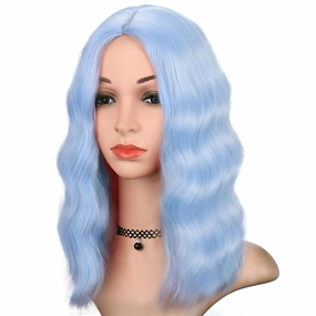 Light Blue Wig for Women Wavy Curly Light Blue Bob Wigs Middle Part 14 Inch Shoulder Length Heat Resistant Synthetic Colorful Wig