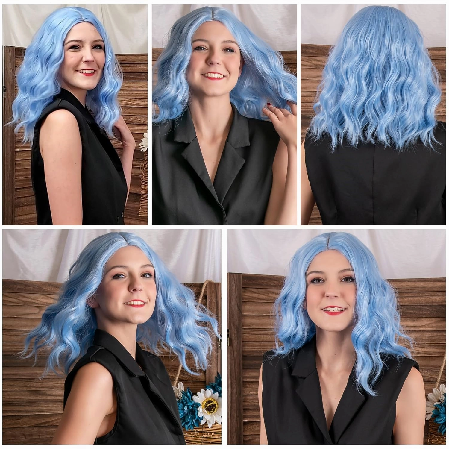 Light Blue Wig for Women Wavy Curly Light Blue Bob Wigs Middle Part 14 Inch Shoulder Length Heat Resistant Synthetic Colorful Wig