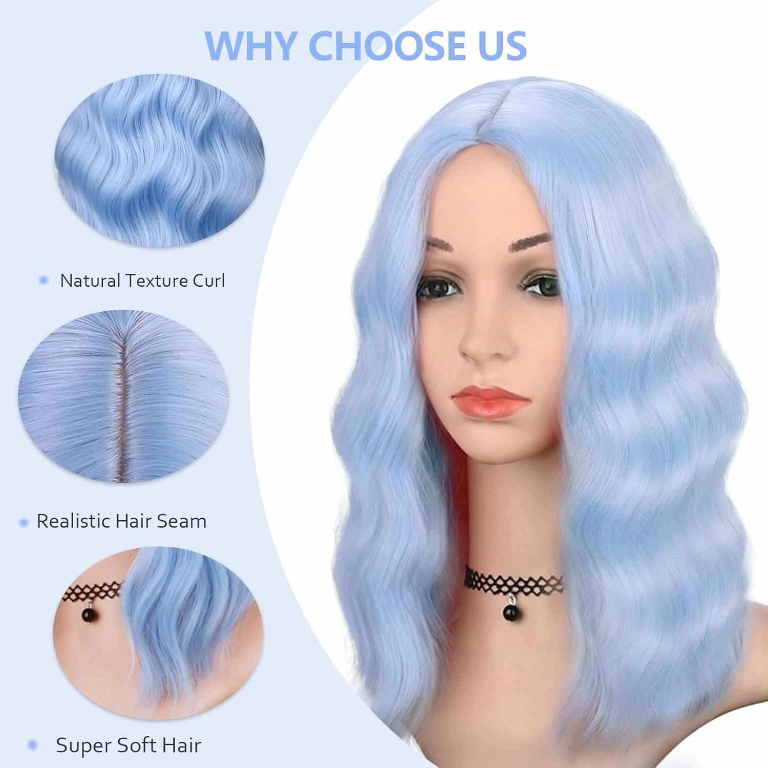 Light Blue Wig for Women Wavy Curly Light Blue Bob Wigs Middle Part 14 Inch Shoulder Length Heat Resistant Synthetic Colorful Wig
