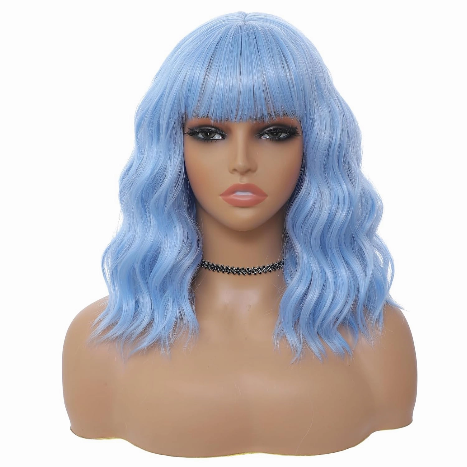 Light Blue Wig with Bangs for Women 14 Inch Shoulder Length Blue Wigs Short Bob Wavy Curly Wig Heat Resistant Synthetic Colorful Wig