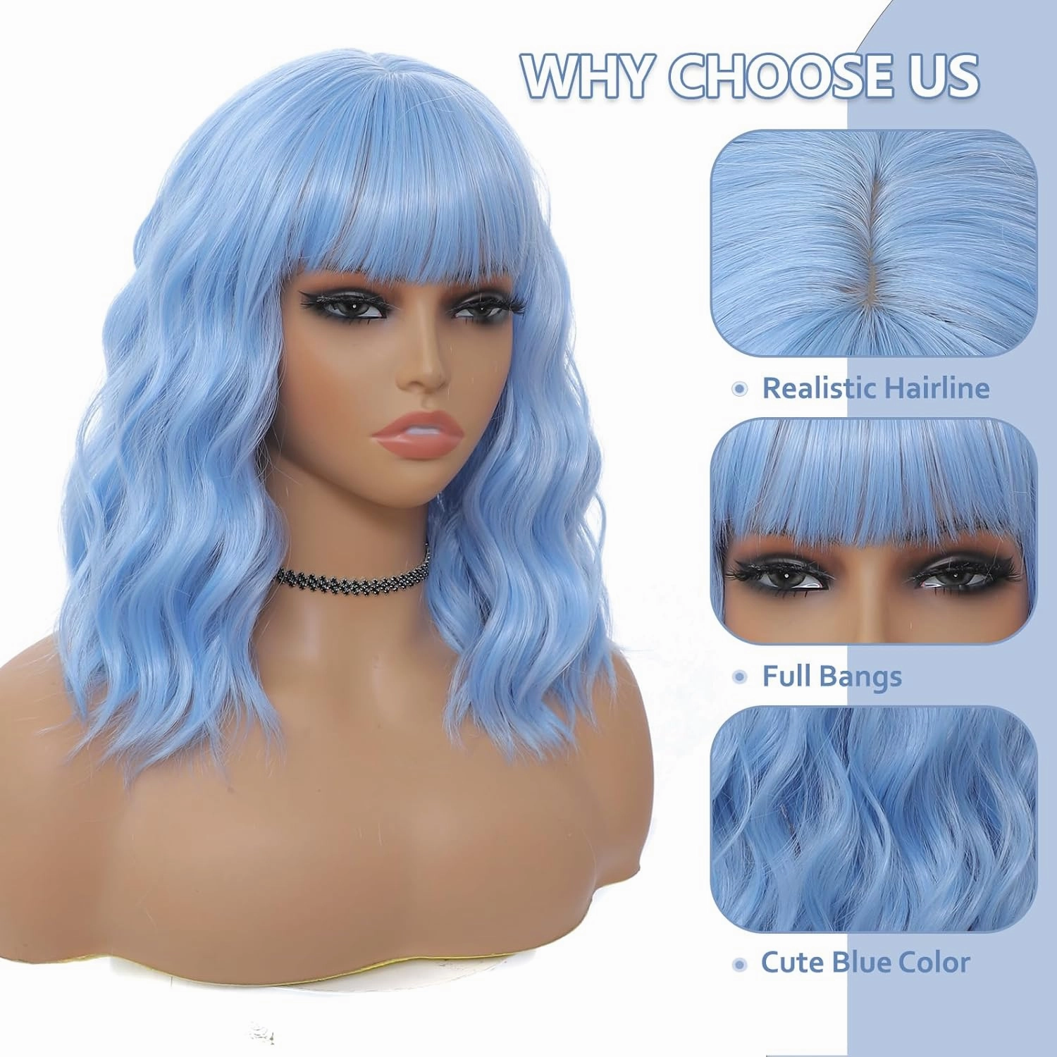 Light Blue Wig with Bangs for Women 14 Inch Shoulder Length Blue Wigs Short Bob Wavy Curly Wig Heat Resistant Synthetic Colorful Wig