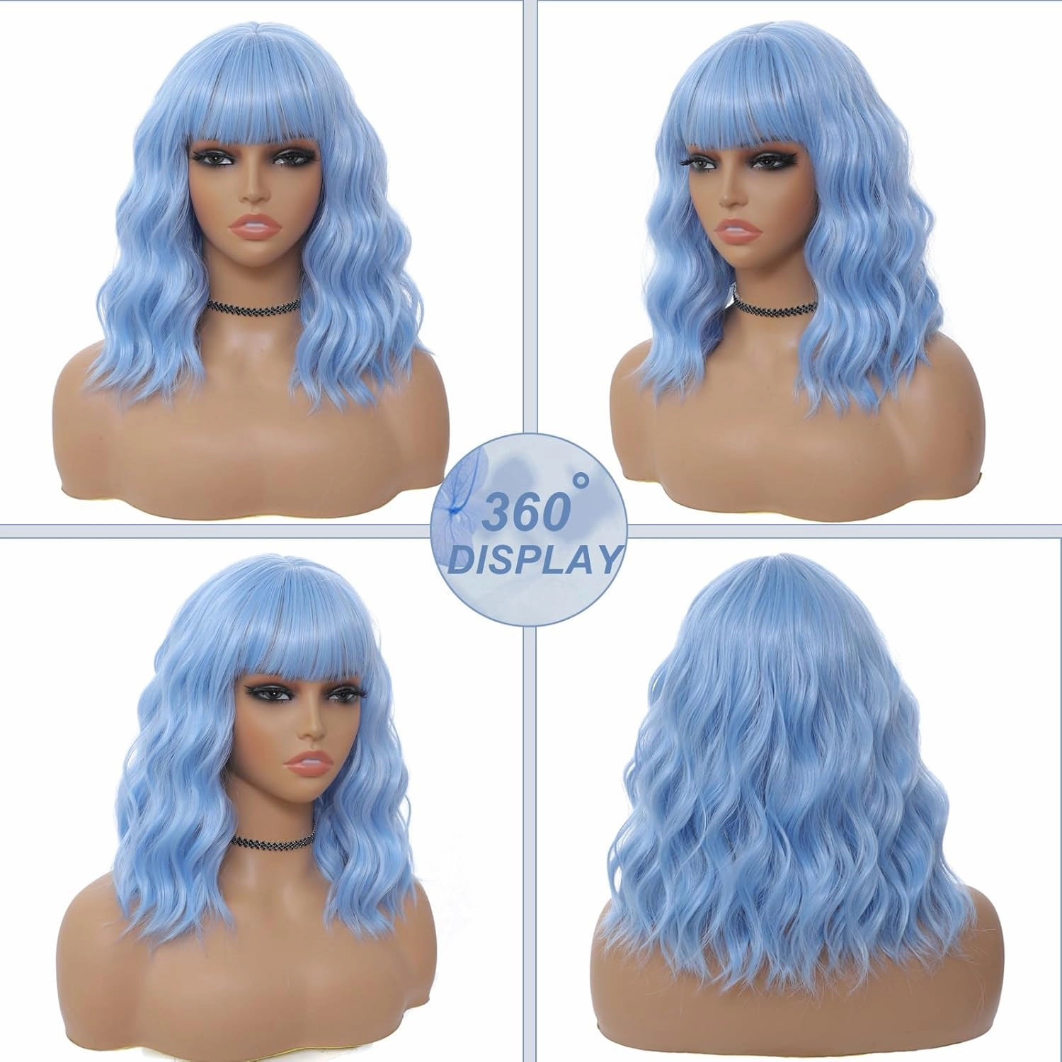 Light Blue Wig with Bangs for Women 14 Inch Shoulder Length Blue Wigs Short Bob Wavy Curly Wig Heat Resistant Synthetic Colorful Wig