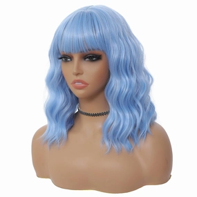 Light Blue Wig with Bangs for Women 14 Inch Shoulder Length Blue Wigs Short Bob Wavy Curly Wig Heat Resistant Synthetic Colorful Wig