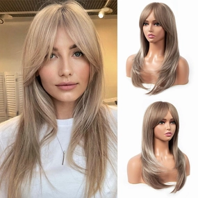 Light Brown Wigs for Women 22 Inch Shoulder Length Wig with Bangs Synthetic Centre Parting Long Straight Layered Wig Natural Looking Wig for Daily Party Use(Light Brown)