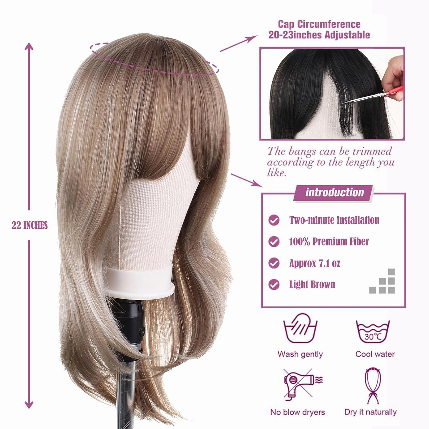 Light Brown Wigs for Women 22 Inch Shoulder Length Wig with Bangs Synthetic Centre Parting Long Straight Layered Wig Natural Looking Wig for Daily Party Use(Light Brown)