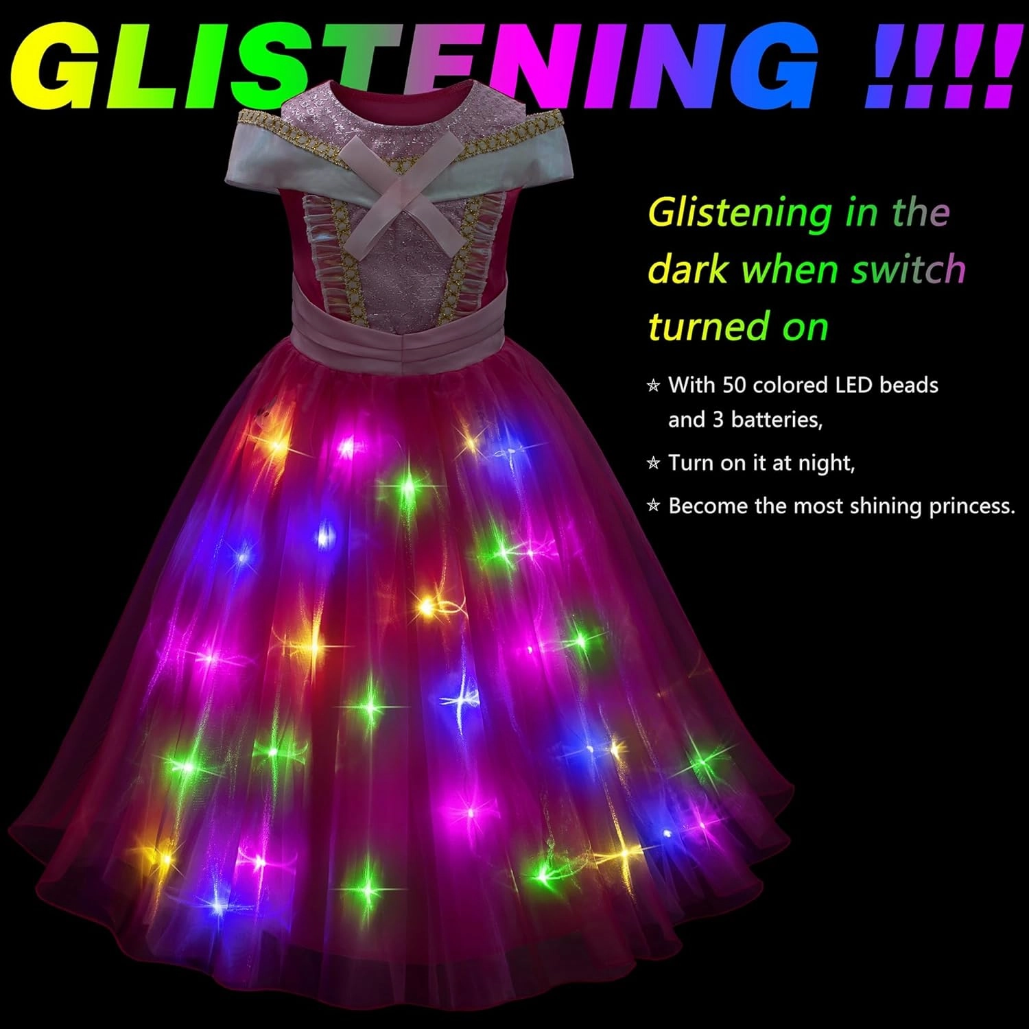 Light Up Princess Aurora Costume for Girls Dress Up - LED Light-Up SIeeping Beauty Dress with Accessories