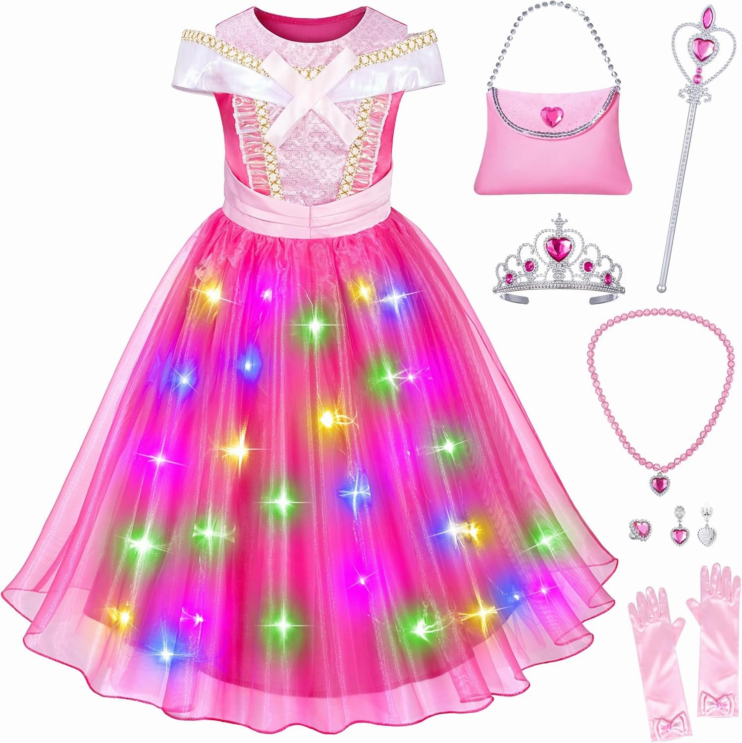 Light Up Princess Aurora Costume for Girls Dress Up - LED Light-Up SIeeping Beauty Dress with Accessories