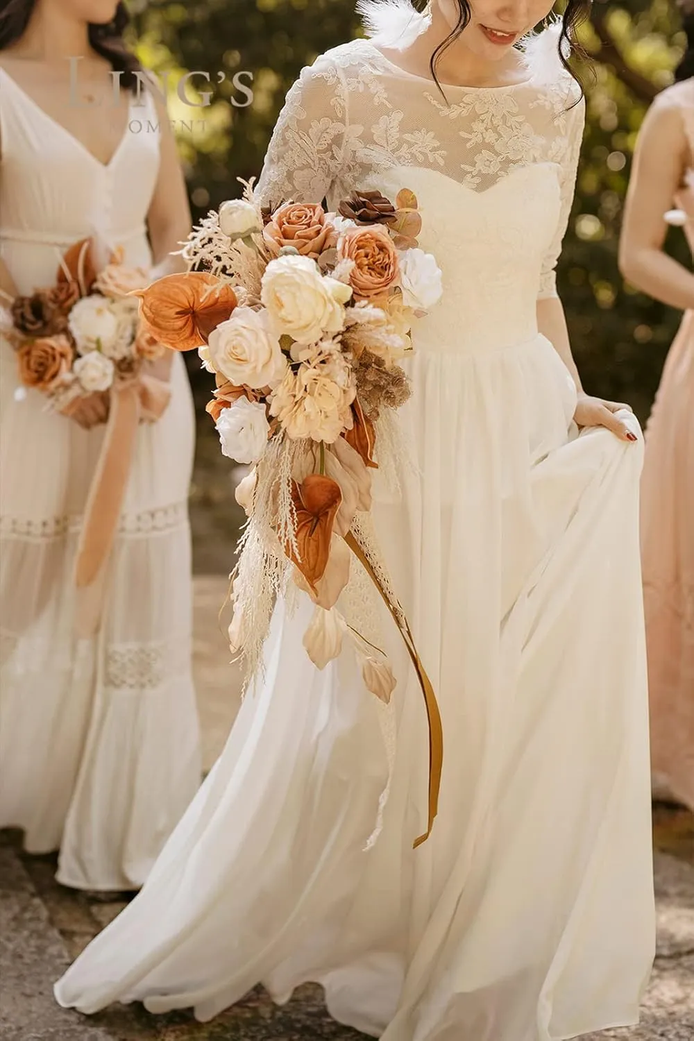 Ling's Moment Boho Bridal Bouquet Cascading, Rustic Wedding Bouquets for Bride, 15 Inch Silk Fall Artificial Wedding Flower Bouquet