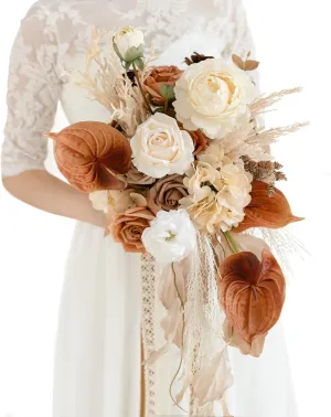Ling's Moment Boho Bridal Bouquet Cascading, Rustic Wedding Bouquets for Bride, 15 Inch Silk Fall Artificial Wedding Flower Bouquet