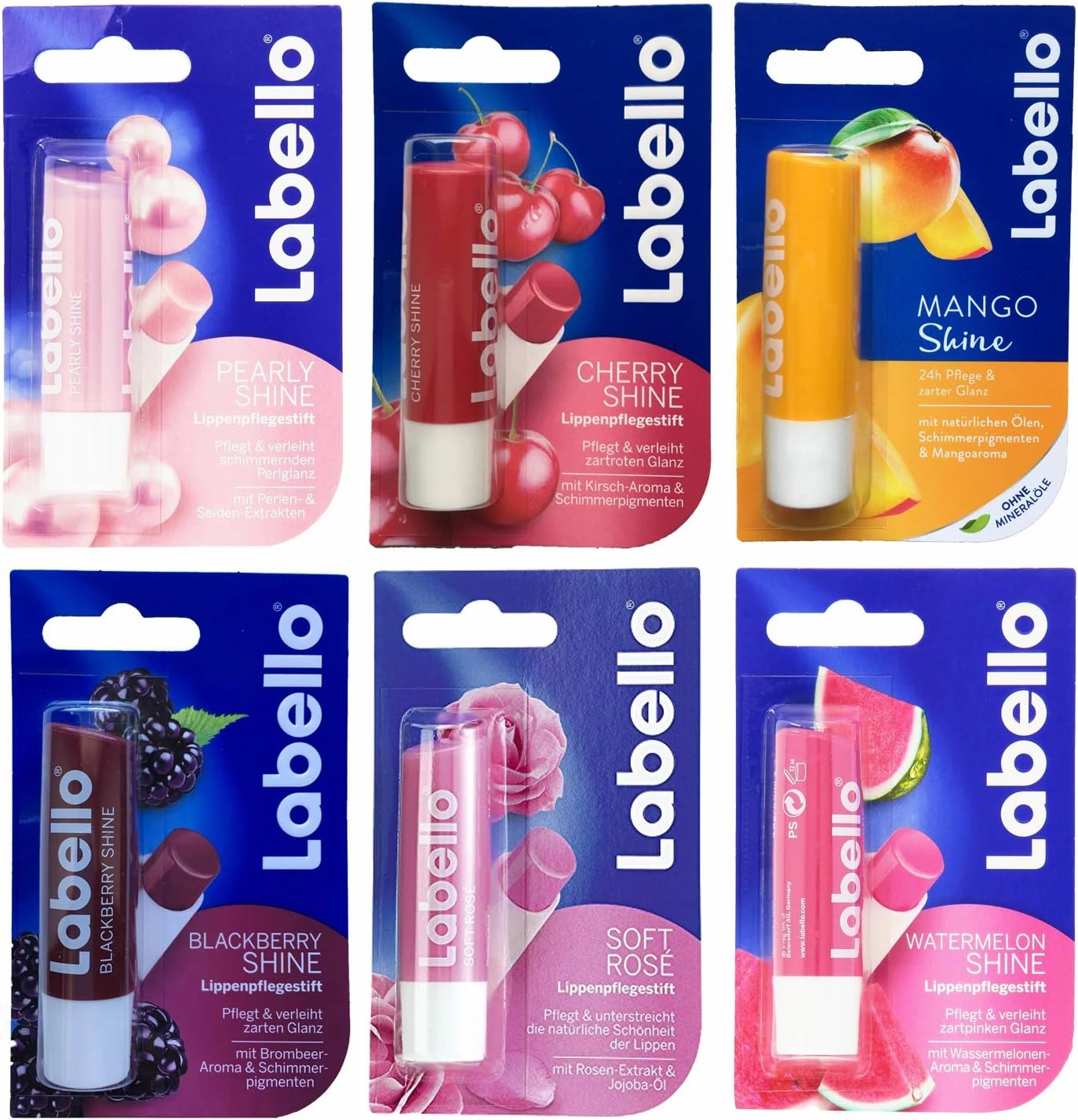 Lip Balm Bundle containing 6 Different Labello Lip Balms - Pearly Shine, Cherry Shine, Mango, BlackBerry Shine, Soft Rose, Watermelon Shine