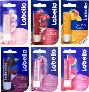 Lip Balm Bundle containing 6 Different Labello Lip Balms - Pearly Shine, Cherry Shine, Mango, BlackBerry Shine, Soft Rose, Watermelon Shine