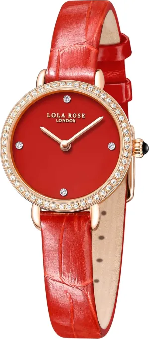 Lola Rose Red Wrist Watch for Women: Carnelian Zirconia Dial, Red Leather Strap, Captivating Color for Clothes Combinations