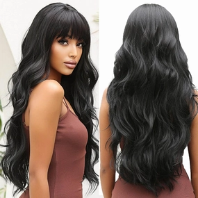Long Wavy Brack Wigs for Women Natural Synthetic Hair Heat Resistant Wigs for Daily Party Cosplay Wear-28 Inches