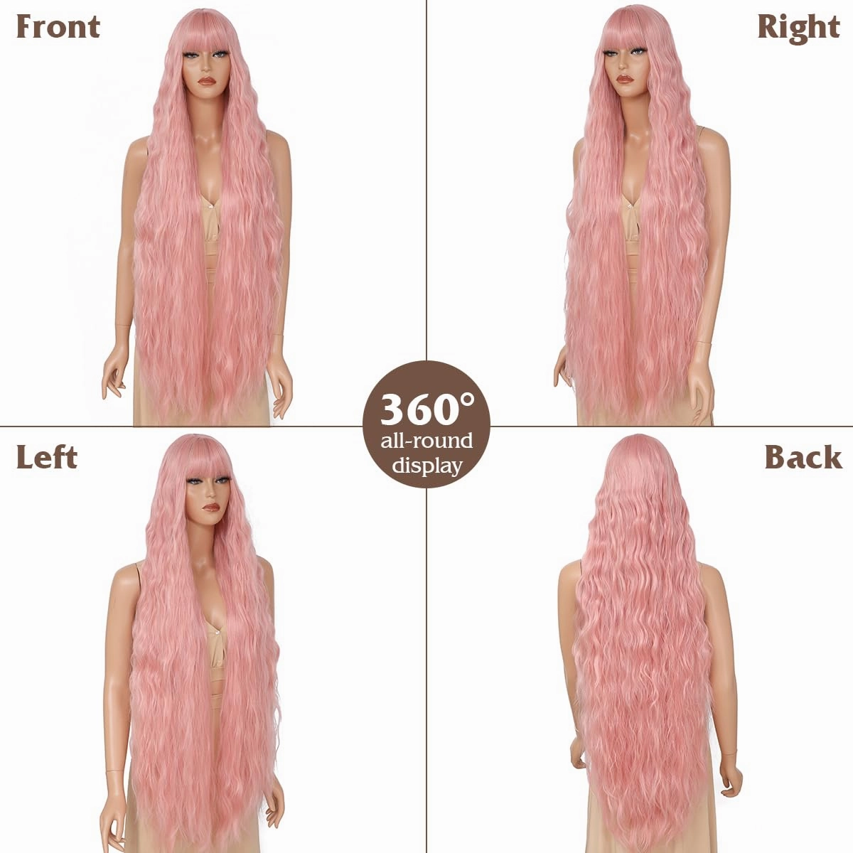 Long Wavy Wig with Bangs for Women,Long Pink Wig with Bangs, Natural Looking Synthetic Heat Resistant Hair, Wigs for Daily Party and Halloween (40 Inch)