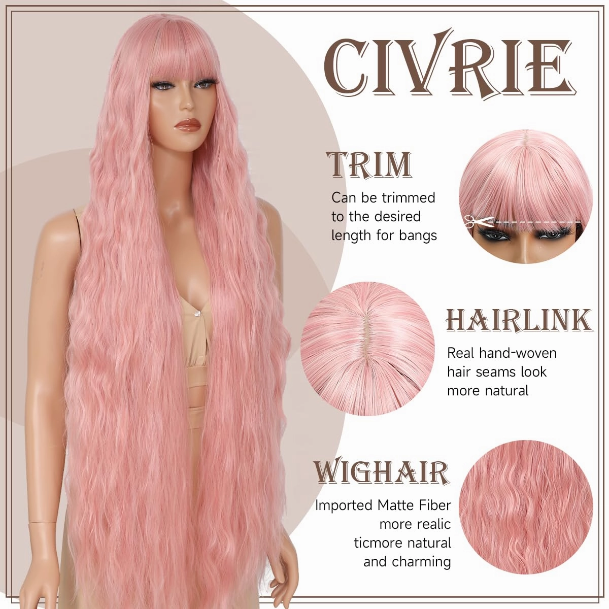 Long Wavy Wig with Bangs for Women,Long Pink Wig with Bangs, Natural Looking Synthetic Heat Resistant Hair, Wigs for Daily Party and Halloween (40 Inch)