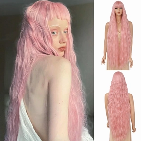 Long Wavy Wig with Bangs for Women,Long Pink Wig with Bangs, Natural Looking Synthetic Heat Resistant Hair, Wigs for Daily Party and Halloween (40 Inch)