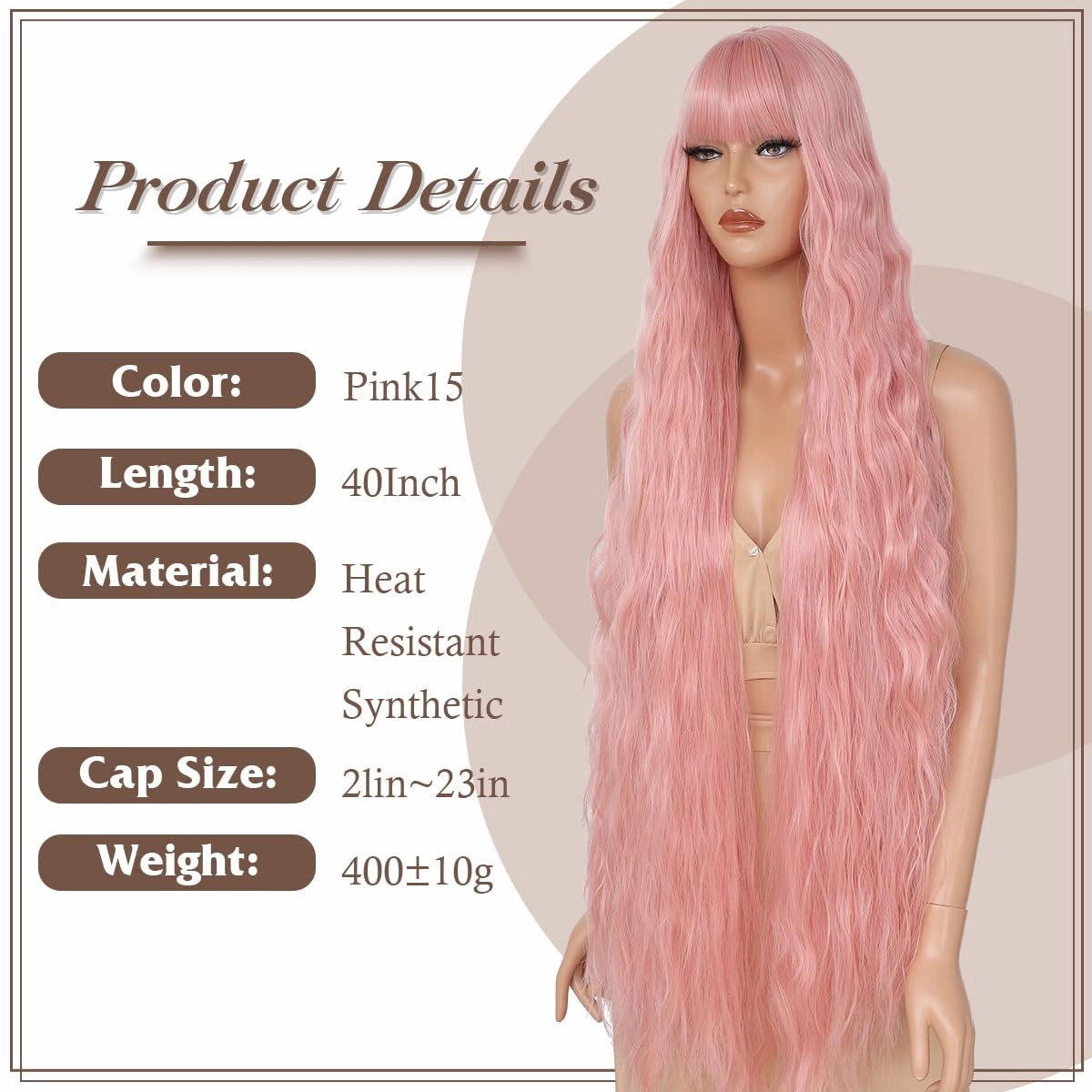 Long Wavy Wig with Bangs for Women,Long Pink Wig with Bangs, Natural Looking Synthetic Heat Resistant Hair, Wigs for Daily Party and Halloween (40 Inch)