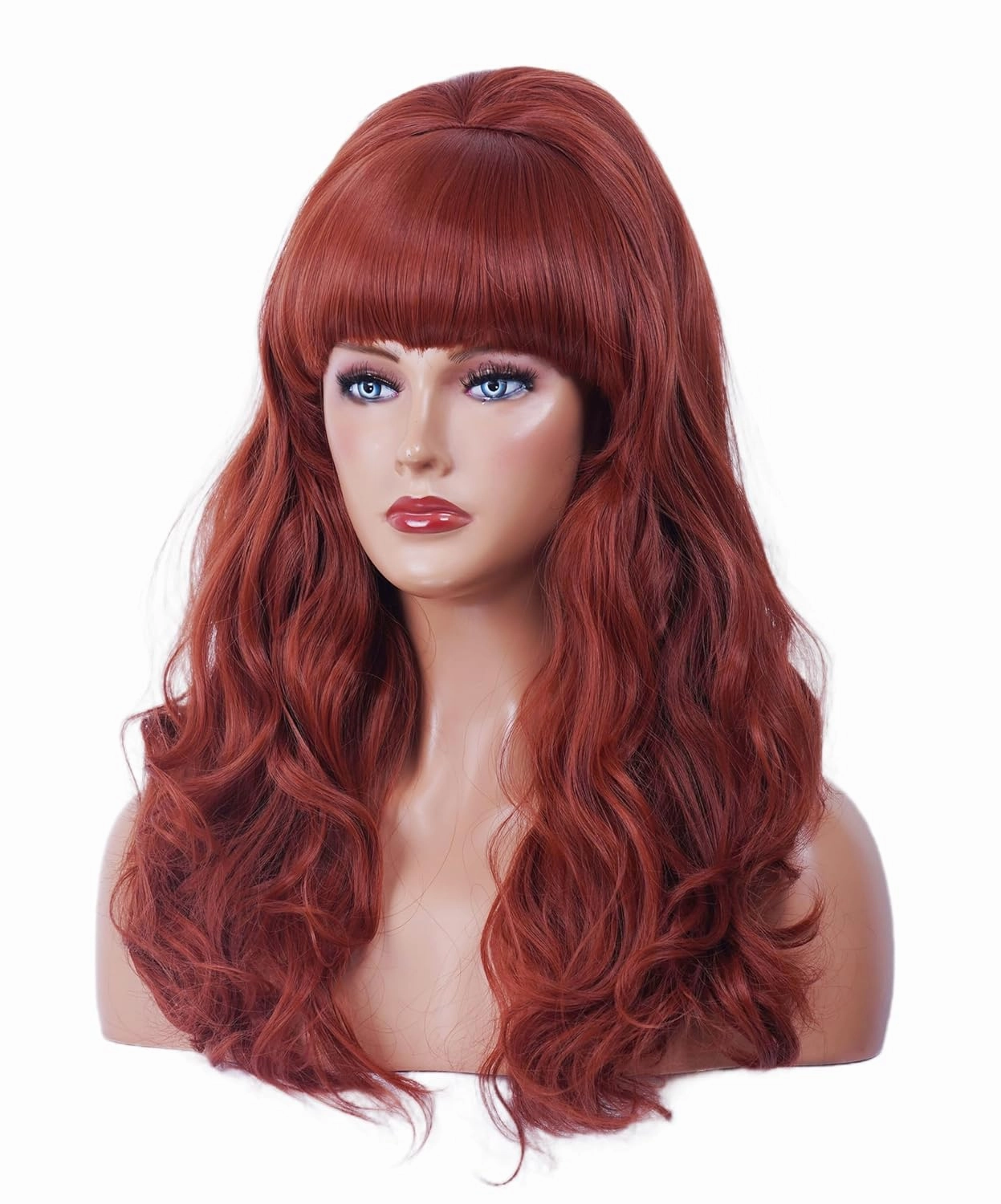 Long Wavy Wigs with Big Red Bouffant Copper Red 80s Costume Classical Wig with Bangs Auburn Beehive Hair Wig for Women