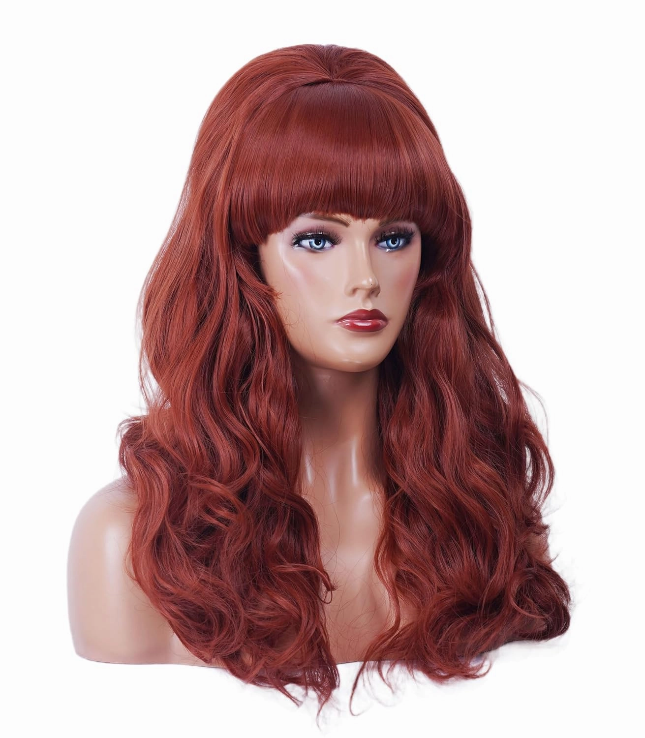 Long Wavy Wigs with Big Red Bouffant Copper Red 80s Costume Classical Wig with Bangs Auburn Beehive Hair Wig for Women