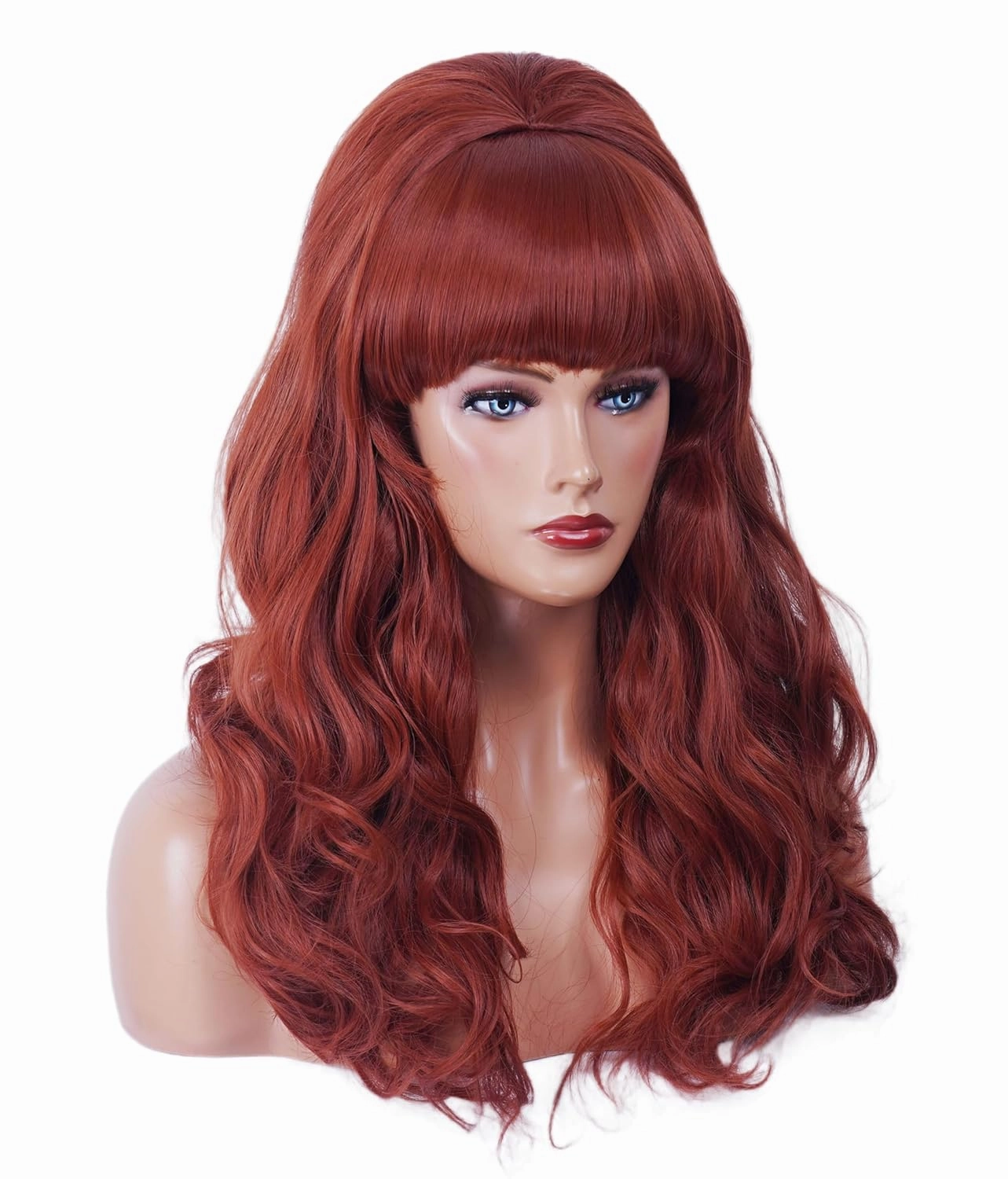 Long Wavy Wigs with Big Red Bouffant Copper Red 80s Costume Classical Wig with Bangs Auburn Beehive Hair Wig for Women
