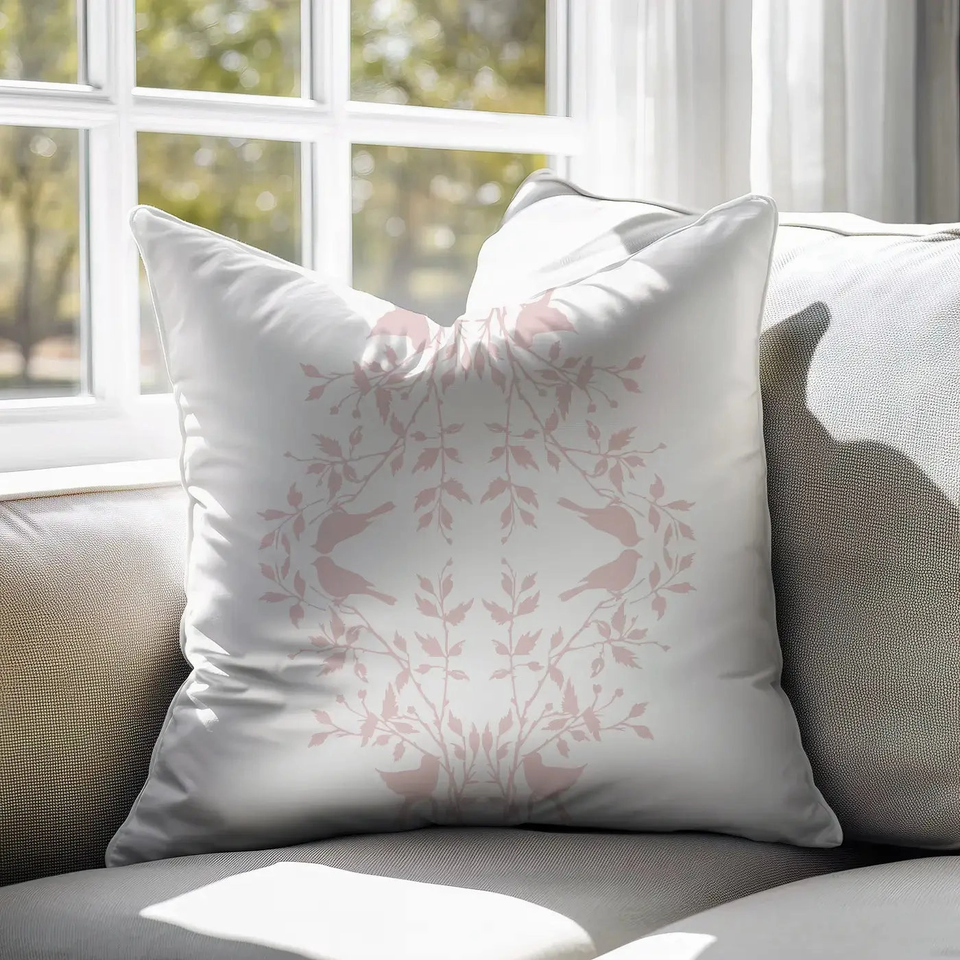 Love Birds on White Block Print Throw Pillow Cover – Soft Rose