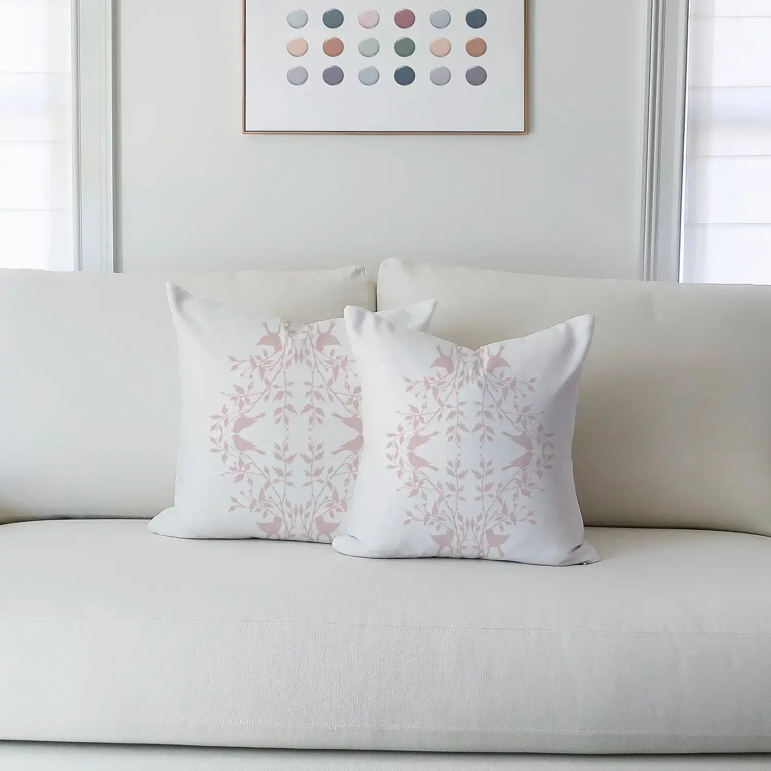 Love Birds on White Block Print Throw Pillow Cover – Soft Rose