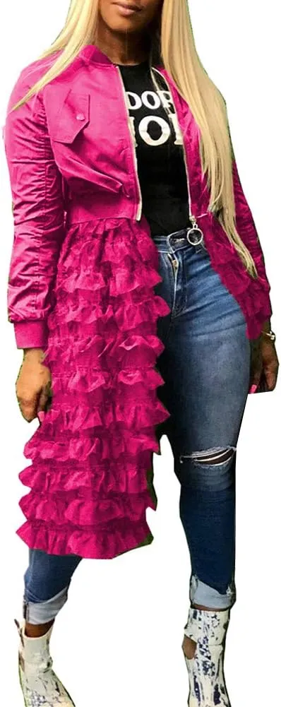 LROSEY Jacket Ruffle for Women Plus Size Bomber Mesh Long Coat Dress