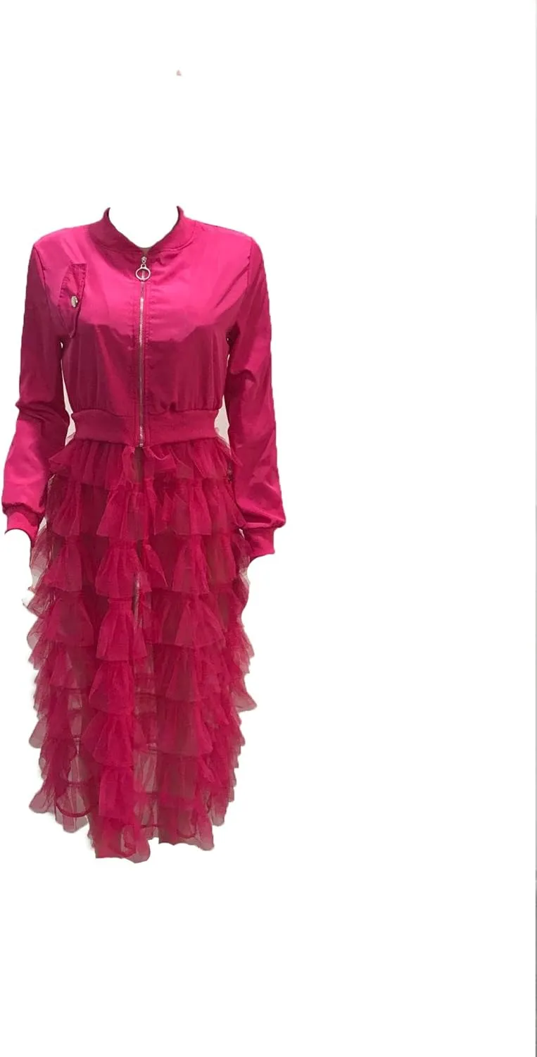 LROSEY Jacket Ruffle for Women Plus Size Bomber Mesh Long Coat Dress