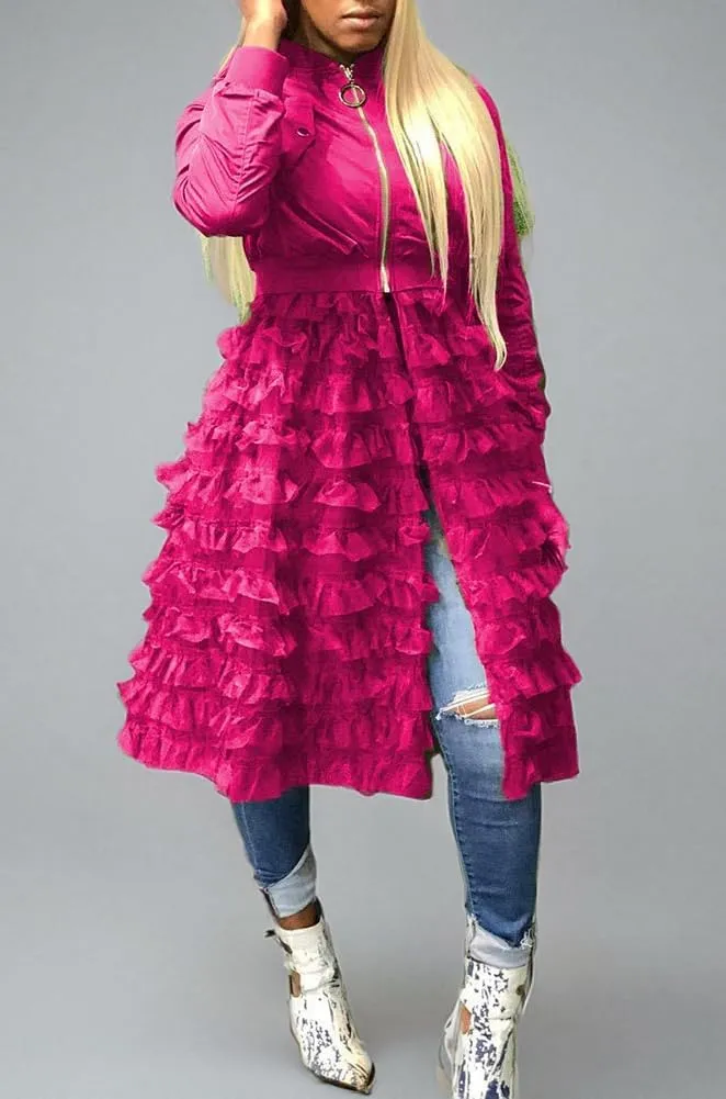 LROSEY Jacket Ruffle for Women Plus Size Bomber Mesh Long Coat Dress