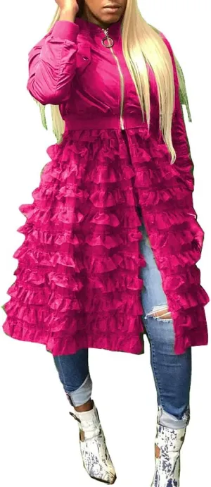 LROSEY Jacket Ruffle for Women Plus Size Bomber Mesh Long Coat Dress