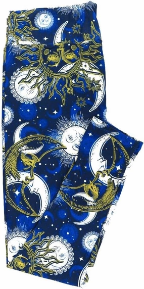 Lularoe Tall Curvy (TC fits Sizes 12-18) Sun Crescent Moon Stars Blue White Gold Buttery Soft Adult Leggings