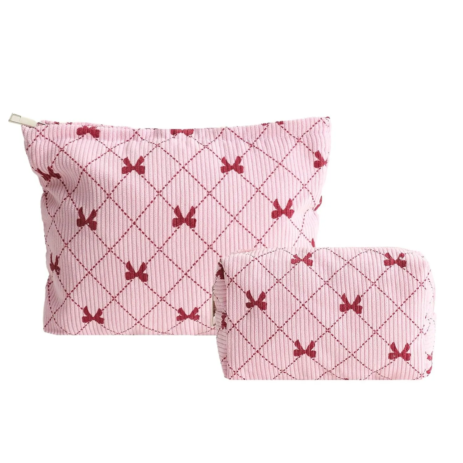 LYDZTION 2PCS Cute Corduroy Makeup Bag Set for Women, Small Travel Toiletry Bag, Coquette Cosmetic Pouch With Bow, Portable Versatile Zipper Pouch - Pink