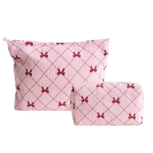 LYDZTION 2PCS Cute Corduroy Makeup Bag Set for Women, Small Travel Toiletry Bag, Coquette Cosmetic Pouch With Bow, Portable Versatile Zipper Pouch - Pink