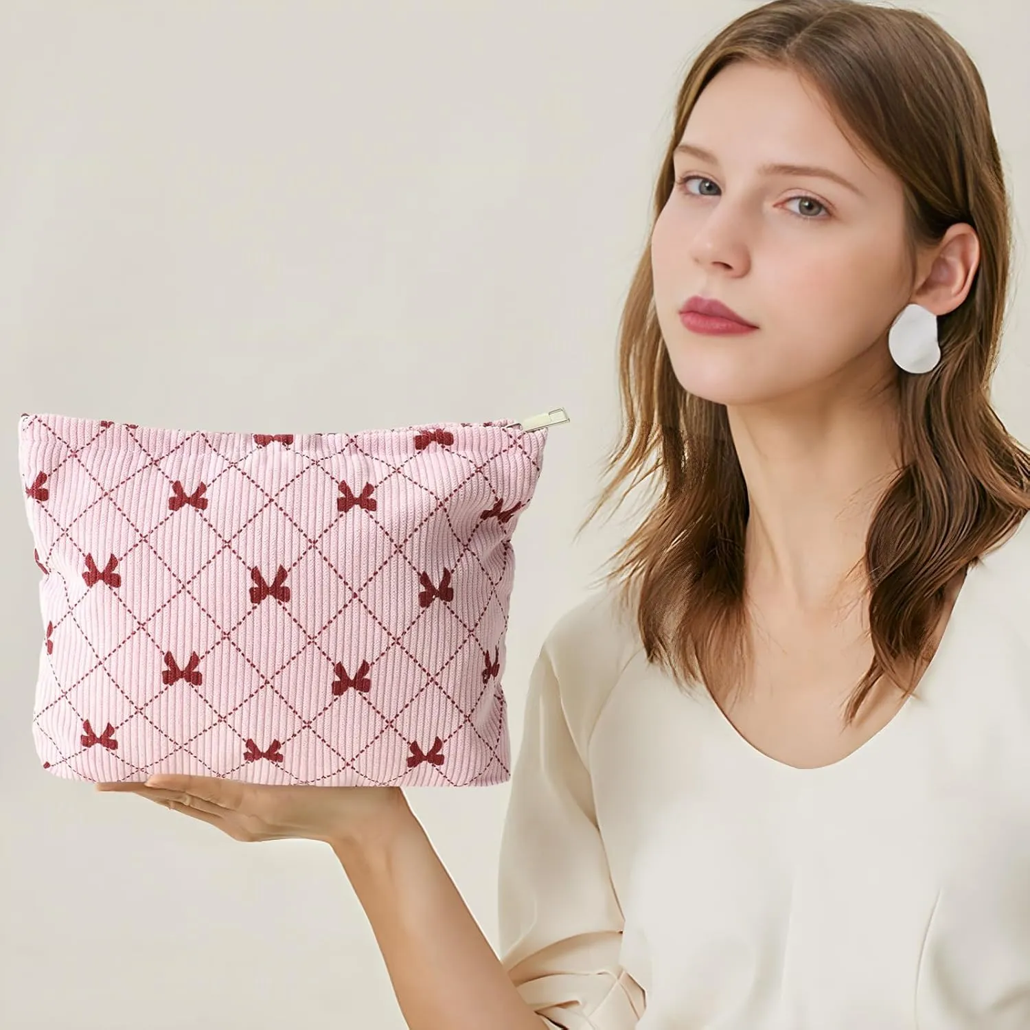 LYDZTION 2PCS Cute Corduroy Makeup Bag Set for Women, Small Travel Toiletry Bag, Coquette Cosmetic Pouch With Bow, Portable Versatile Zipper Pouch - Pink