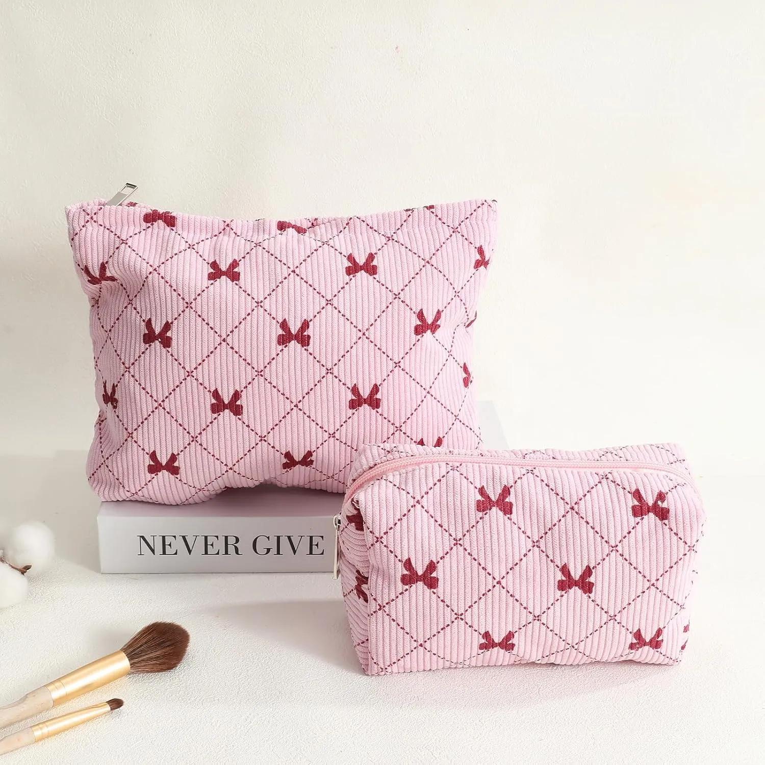 LYDZTION 2PCS Cute Corduroy Makeup Bag Set for Women, Small Travel Toiletry Bag, Coquette Cosmetic Pouch With Bow, Portable Versatile Zipper Pouch - Pink