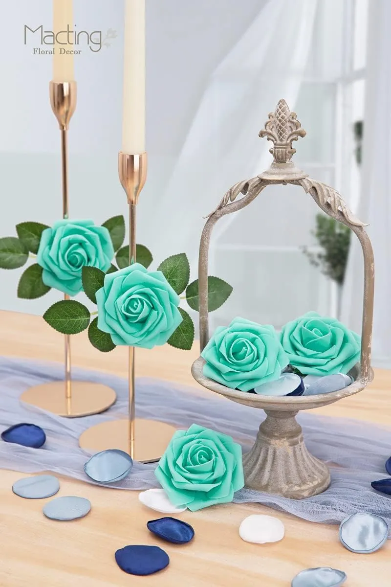 MACTING Artificial Flower Roses 30PCS Real Touch Fake Flowers with Stem Foam Roses for DIY Wedding Bouquets Table Centerpieces Party Baby Shower Home Summer Mothers Day Decoration (Mint Green)