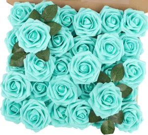 MACTING Artificial Flower Roses 30PCS Real Touch Fake Flowers with Stem Foam Roses for DIY Wedding Bouquets Table Centerpieces Party Baby Shower Home Summer Mothers Day Decoration (Mint Green)