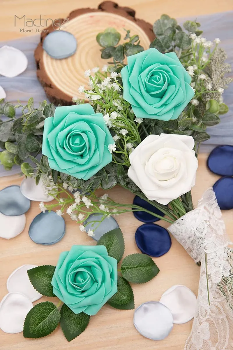 MACTING Artificial Flower Roses 30PCS Real Touch Fake Flowers with Stem Foam Roses for DIY Wedding Bouquets Table Centerpieces Party Baby Shower Home Summer Mothers Day Decoration (Mint Green)