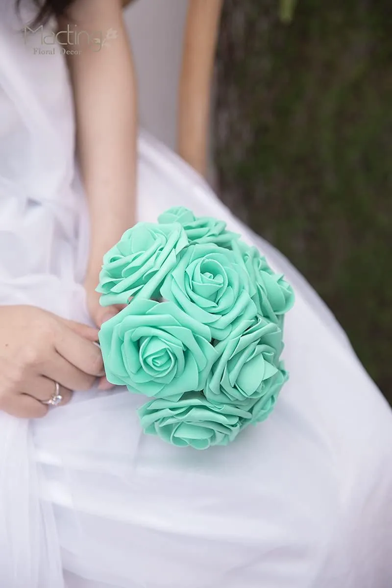 MACTING Artificial Flower Roses 30PCS Real Touch Fake Flowers with Stem Foam Roses for DIY Wedding Bouquets Table Centerpieces Party Baby Shower Home Summer Mothers Day Decoration (Mint Green)