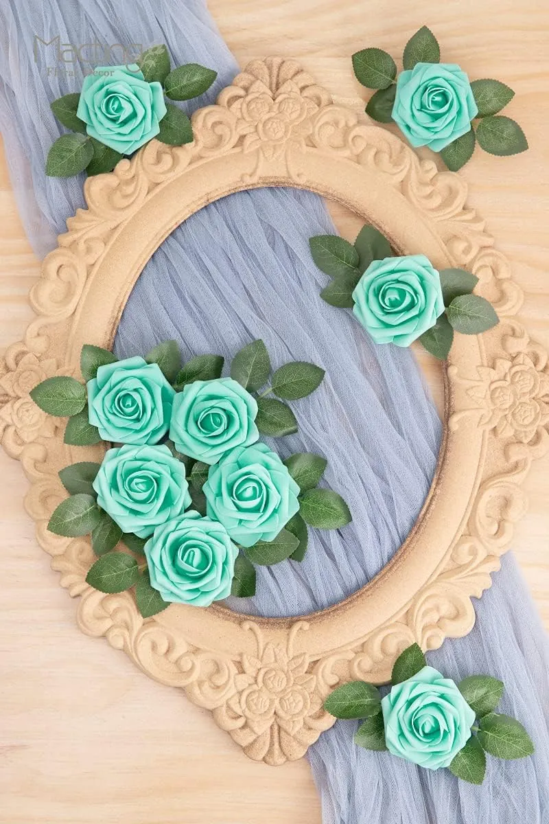 MACTING Artificial Flower Roses 30PCS Real Touch Fake Flowers with Stem Foam Roses for DIY Wedding Bouquets Table Centerpieces Party Baby Shower Home Summer Mothers Day Decoration (Mint Green)