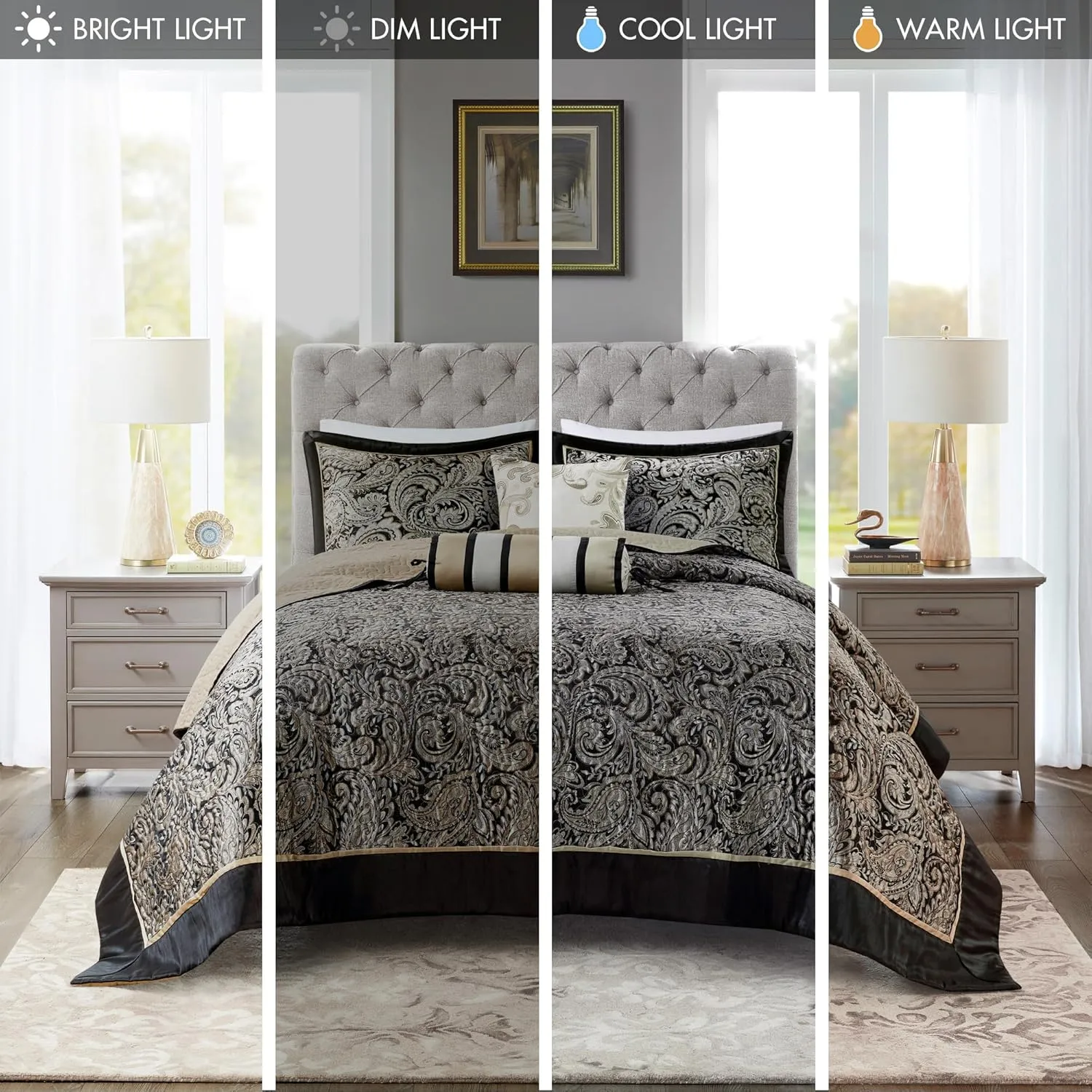 Madison Park Aubrey Reversible Quilted Bedspread Set, Solid Reverse Summer Breathable, Lightweight All Season Bedding Layer, Matching Shams, Bedspread King(120"x118"), Black 5 Piece
