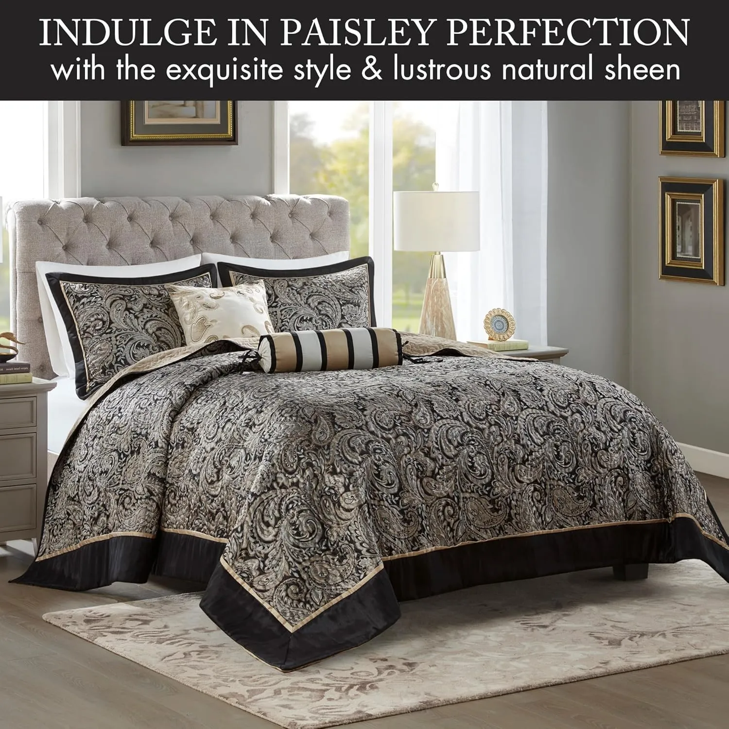 Madison Park Aubrey Reversible Quilted Bedspread Set, Solid Reverse Summer Breathable, Lightweight All Season Bedding Layer, Matching Shams, Bedspread King(120"x118"), Black 5 Piece